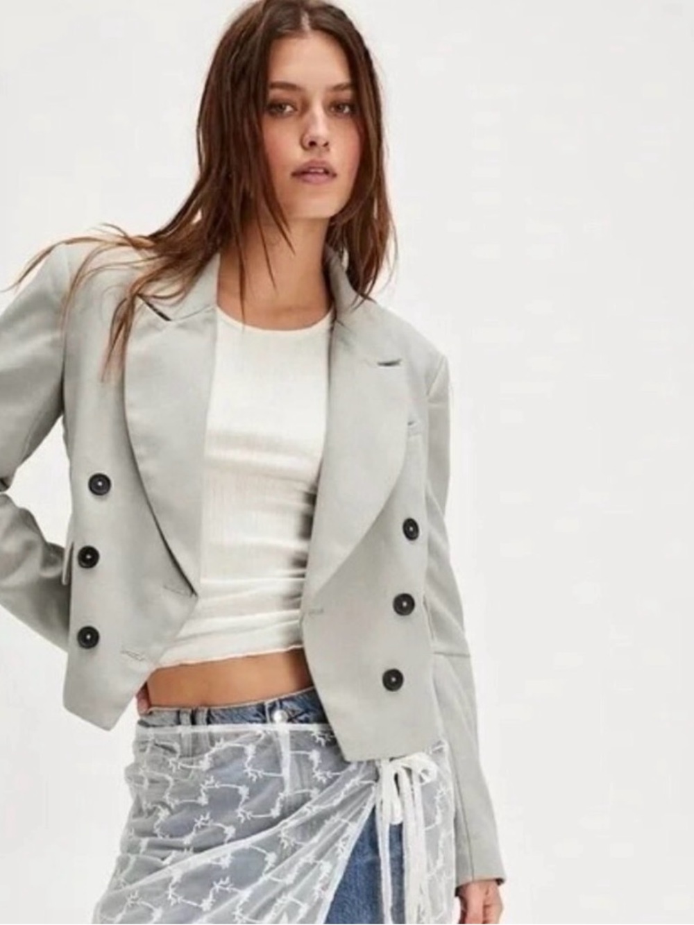 NWT Free People Betty Dbl Breasted Cropped Blazer Gray Tonal Windowpane Plaid XL - Picture 2 of 5